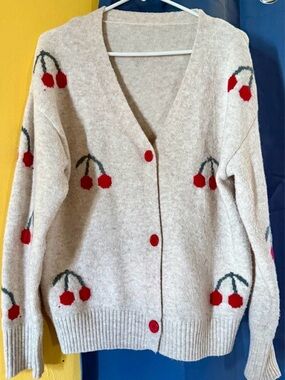 Beige Cherry-Print Button Cardigan Sweater